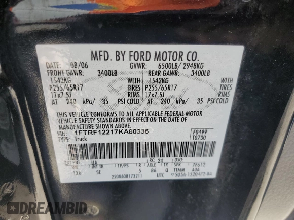 2007 Ford F-150 XL with VIN 1FTRF12217KA80336, listed as a Copart auction lot 52753575 with 54,806 mi miles and Salvage Title. Bid and sale history available at carsss.com. Image 12.