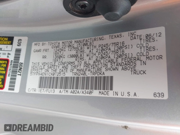 2012 Toyota Tacoma with VIN 5TFPX4EN1CX012515, listed as a IAAI auction lot 41888922 with 86,203 mi miles and . Bid and sale history available at DreamBid. Image 9.