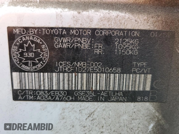 2014 Lexus IS 250 with VIN JTHCF1D27E5010658, listed as a Copart auction lot 60253565 with 246,675 mi miles and Salvage title. Bid and sale history available at DreamBid. Image 12.