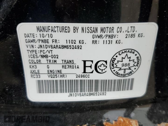 2011 Infiniti G25 x with VIN JN1DV6AR4BM652492, listed as a Copart auction lot 54680425 with 259,887 mi miles and Salvage Title. Bid and sale history available at DreamBid. Image 13.
