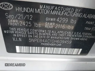 2013 Hyundai Sonata GLS with VIN 5NPEB4AC1DH609459, listed as a IAAI auction lot 41125668 with 227,079 mi miles and . Bid and sale history available at carsss.com. Image 9.