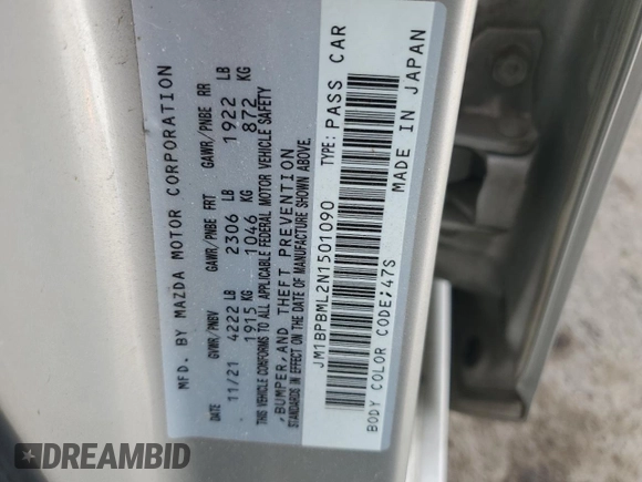 2022 Mazda Mazda3 Hatchback Premium with VIN JM1BPBML2N1501090, listed as a Copart auction lot 48104385 with 22,356 mi miles and Salvage Title. Bid and sale history available at carsss.com. Image 14.