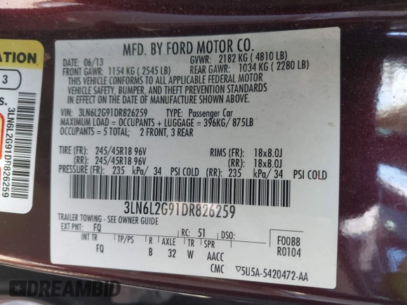 2013 Lincoln MKZ with VIN 3LN6L2G91DR826259, listed as a IAAI auction lot 42189479 with 115,039 mi miles and . Bid and sale history available at DreamBid. Image 9.