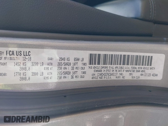 2019 Dodge Durango GT Plus with VIN 1C4RDHDG7KC645117, listed as a IAAI auction lot 42448233 with 135,530 mi miles and . Bid and sale history available at DreamBid. Image 9.