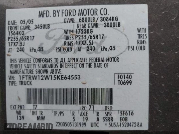 2005 Ford F-150 XLT z VIN 1FTRW12W15KE64553, wystawiony jako Copart lot #59755885 z przebiegiem 106 462 mil mil oraz Czysty tytuł • Clean title. Historia ofert i sprzedaży dostępna na DreamBid. Obrazek 10.