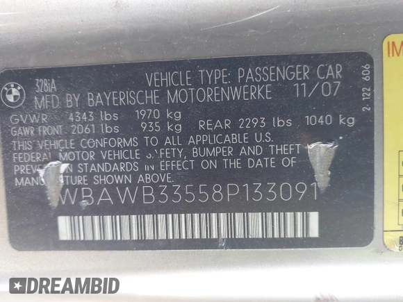 2008 BMW 3 Series 328i with VIN WBAWB33558P133091, listed as a IAAI auction lot 41648405 with 210,525 mi miles. Bid and sale history available at carsss.com. Image 9.