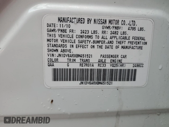 2011 Infiniti G25 x with VIN JN1DV6ARXBM451521, listed as a Copart auction lot 83102564 with 221,298 mi miles and Salvage Title. Bid and sale history available at DreamBid. Image 12.