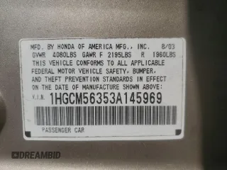 2003 Honda Accord LX with VIN 1HGCM56353A145969, listed as a Copart auction lot 59554045 with 149,041 mi miles and Salvage title. Bid and sale history available at DreamBid. Image 13.