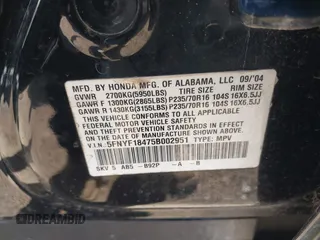 2005 Honda Pilot EX with VIN 5FNYF18475B002951, listed as a IAAI auction lot 42049908 with Not Provided miles. Bid and sale history available at carsss.com. Image 9.