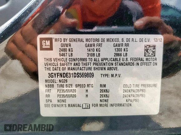 2013 Cadillac SRX Performance Collection with VIN 3GYFNDE31DS569809, listed as a Copart auction lot 60332445 with 222,167 mi miles and Salvage title. Bid and sale history available at DreamBid. Image 14.