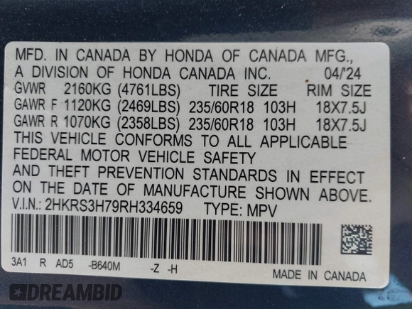 2024 Honda CR-V EX-L with VIN 2HKRS3H79RH334659, listed as a IAAI auction lot 41708201 with 15,943 mi miles and . Bid and sale history available at DreamBid. Image 9.