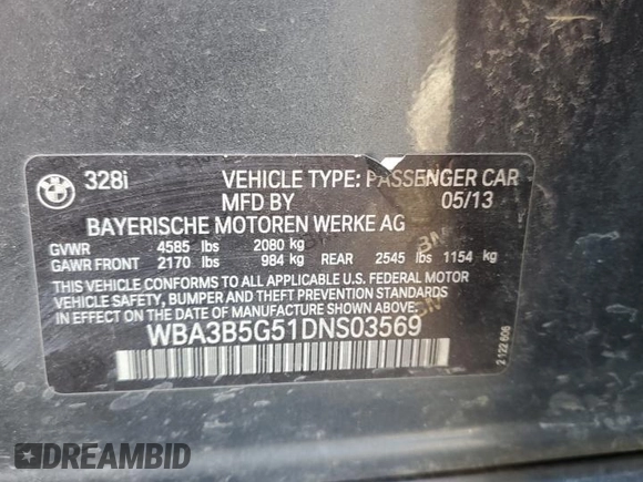 2013 BMW 3 Series 328i xDrive with VIN WBA3B5G51DNS03569, listed as a Copart auction lot 48735285 with 121,206 mi miles and Clean Title. Bid and sale history available at carsss.com. Image 12.