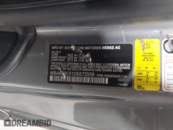 2013 BMW 3 Series 335i xDrive with VIN WBAKF9C51DE672559, listed as a IAAI auction lot 42247641 with 108,451 mi miles and . Bid and sale history available at DreamBid. Image 9.