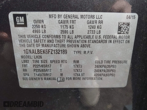 2015 Chevrolet Equinox LT with VIN 1GNALBEK6FZ132189, listed as a IAAI auction lot 42737622 with 134,934 mi miles and . Bid and sale history available at DreamBid. Image 9.