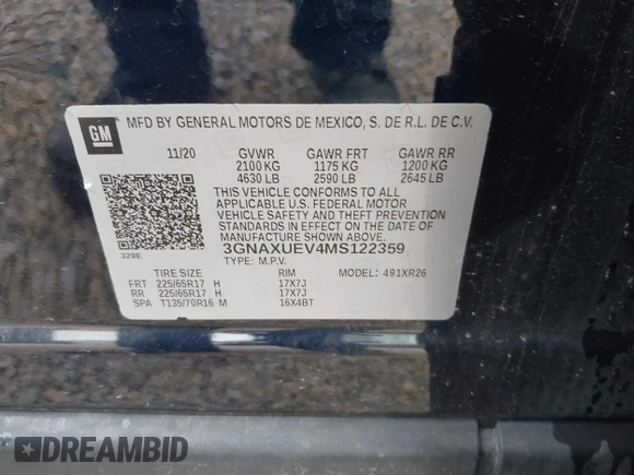 2021 Chevrolet Equinox LT with VIN 3GNAXUEV4MS122359, listed as a IAAI auction lot 42191173 with 61,190 mi miles and . Bid and sale history available at DreamBid. Image 9.