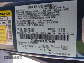 2019 Ford Fusion SE with VIN 3FA6P0HD6KR177660, listed as a IAAI auction lot 42164831 with 66,585 mi miles and . Bid and sale history available at DreamBid. Image 9.