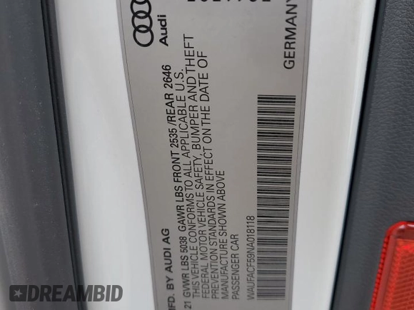 2022 Audi A5 Sportback S line Premium Plus z VIN WAUFACF59NA018118, wystawiony jako Copart lot #55637735 z przebiegiem 34 568 mil mil oraz Szkody całkowita. Historia ofert i sprzedaży dostępna na DreamBid. Obrazek 12.