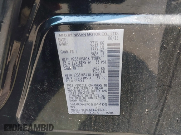2015 Nissan Pathfinder SL with VIN 5N1AR2MM5FC684405, listed as a IAAI auction lot 42594415 with 130,691 mi miles and . Bid and sale history available at DreamBid. Image 9.