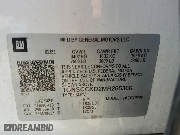 2021 Chevrolet Suburban LT z VIN 1GNSCCKD2MR265366, wystawiony jako Copart lot #55333565 z przebiegiem 106 345 mil mil oraz Szkoda całkowita • Salvage title. Historia ofert i sprzedaży dostępna na DreamBid. Obrazek 13.