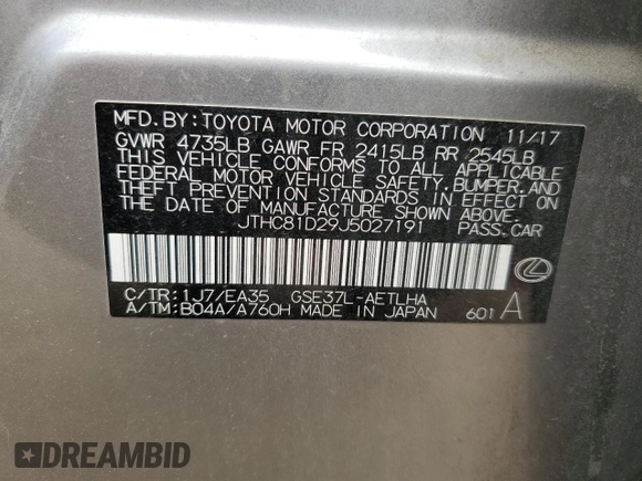 2018 Lexus IS with VIN JTHC81D29J5027191, listed as a Copart auction lot 54047035 with 76,726 mi miles and Clean Title. Bid and sale history available at carsss.com. Image 12.