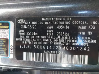 2021 Kia K5 LXS with VIN 5XXG14J2XMG001342, listed as a IAAI auction lot 41329068 with 53,778 mi miles. Bid and sale history available at carsss.com. Image 9.