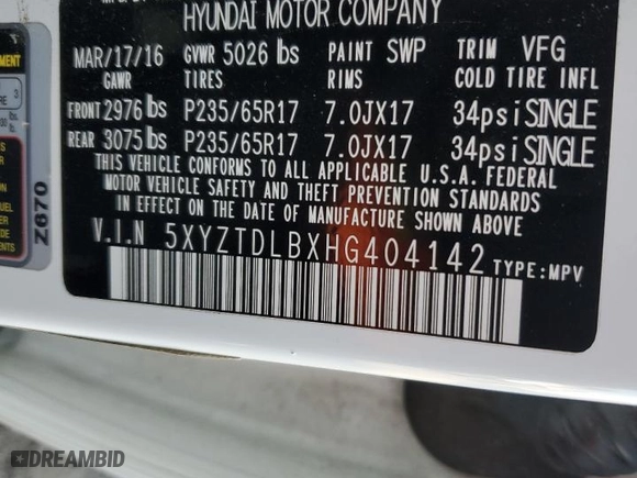 2017 Hyundai Santa Fe Sport 2.4L with VIN 5XYZTDLBXHG404142, listed as a Copart auction lot 48812665 with NaN miles and Clean Title. Bid and sale history available at carsss.com. Image 12.