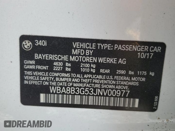 2018 BMW 3 Series 340i z VIN WBA8B3G53JNV00977, wystawiony jako Copart lot #53923065 z przebiegiem Nie podano mil oraz Czysty tytuł • Clean title. Historia ofert i sprzedaży dostępna na DreamBid. Obrazek 13.