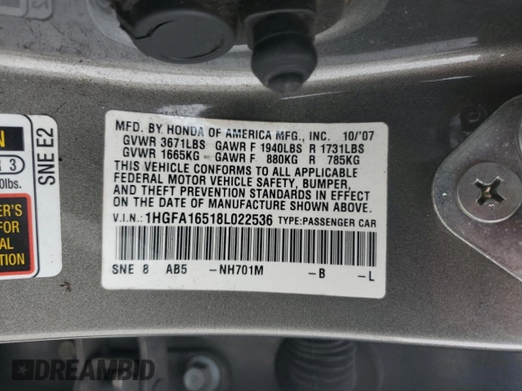 2008 Honda Civic LX z VIN 1HGFA16518L022536, wystawiony jako Copart lot #52881645 z przebiegiem 251 320 mil mil oraz Szkoda całkowita • Salvage title. Historia ofert i sprzedaży dostępna na DreamBid. Obrazek 15.