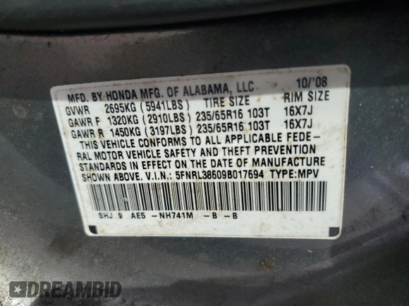 2009 Honda Odyssey EX-L с VIN 5FNRL38609B017694, выставлен на аукционе Copart как лот 50815515 с пробегом 192 265 миль миль и Чистый • Clean title. История ставок и продаж доступна на DreamBid. Изображение 13.