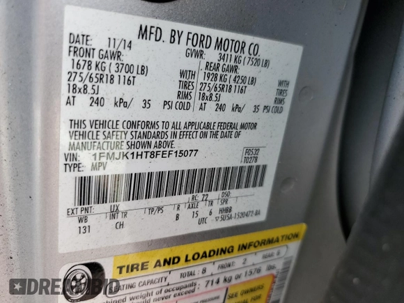 2015 Ford Expedition Max XLT с VIN 1FMJK1HT8FEF15077, выставлен на аукционе Copart как лот 55824385 с пробегом 145 895 миль миль и Списание • Salvage title. История ставок и продаж доступна на DreamBid. Изображение 14.