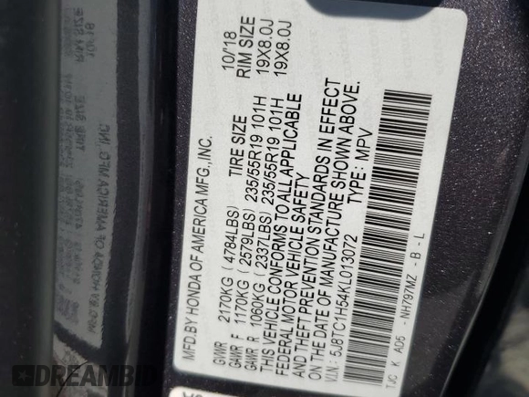 2019 Acura RDX w/Technology Pkg with VIN 5J8TC1H54KL013072, listed as a Copart auction lot 50899675 with Not Provided miles and Salvage Title. Bid and sale history available at carsss.com. Image 12.