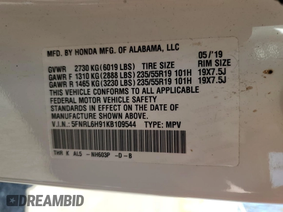 2019 Honda Odyssey Elite z VIN 5FNRL6H91KB109544, wystawiony jako Copart lot #53440185 z przebiegiem 92 457 mil mil oraz Szkoda całkowita • Salvage title. Historia ofert i sprzedaży dostępna na DreamBid. Obrazek 13.