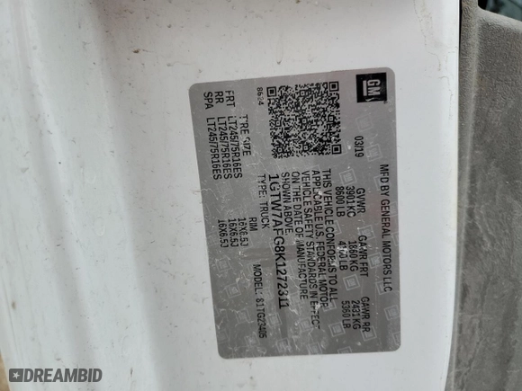 2019 GMC Savana Cargo Van with VIN 1GTW7AFG8K1272311, listed as a Copart auction lot 87918855 with 141,396 mi miles and Salvage Title. Bid and sale history available at carsss.com. Image 14.