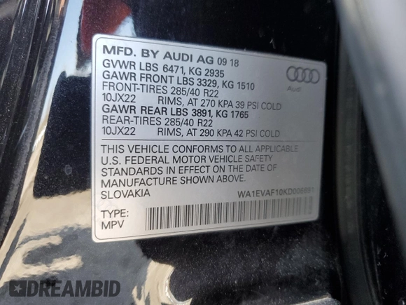 2019 Audi Q8 Premium Plus z VIN WA1EVAF10KD006691, wystawiony jako Copart lot #54116275 z przebiegiem 67 871 mil mil oraz Szkoda całkowita • Salvage title. Historia ofert i sprzedaży dostępna na DreamBid. Obrazek 13.