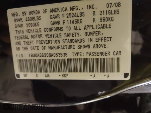 2008 Acura TL with VIN 19UUA66208A053539, listed as a IAAI auction lot 41834082 with 161,366 mi miles. Bid and sale history available at carsss.com. Image 9.
