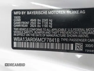 2021 BMW 4 Series M440i xDrive with VIN WBA13AR06MCF78418, listed as a IAAI auction lot 41257716 with 35,974 mi miles and . Bid and sale history available at carsss.com. Image 9.