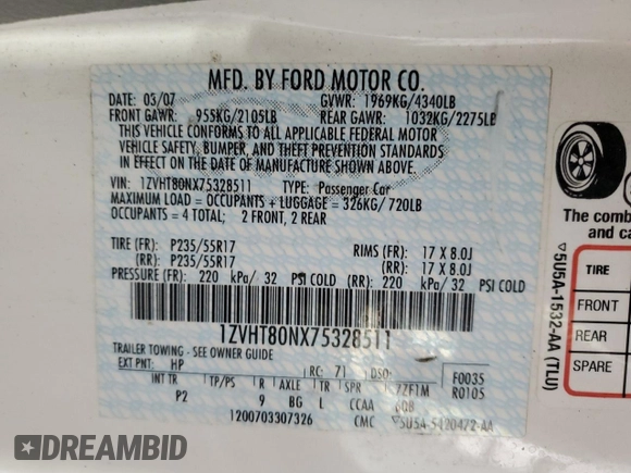 2007 Ford Mustang Deluxe with VIN 1ZVHT80NX75328511, listed as a Copart auction lot 59463055 with Not provided miles and Salvage title. Bid and sale history available at DreamBid. Image 12.
