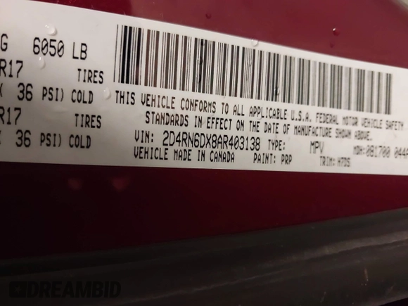 2010 Dodge Grand Caravan Crew with VIN 2D4RN6DX8AR403138, listed as a IAAI auction lot 41937966 with 137,060 mi miles and . Bid and sale history available at DreamBid. Image 9.