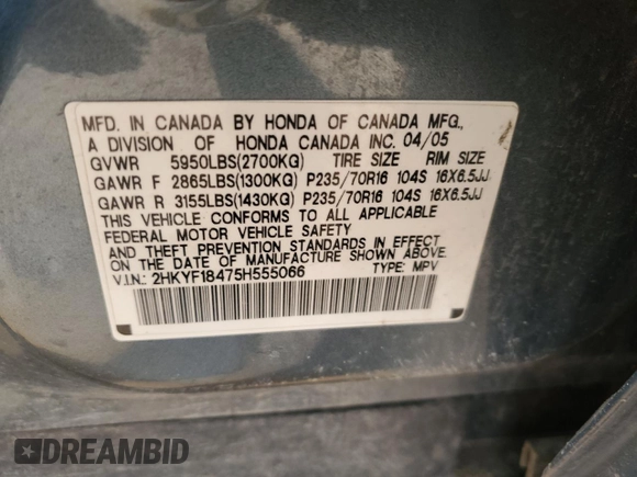 2005 Honda Pilot EX with VIN 2HKYF18475H555066, listed as a Copart auction lot 51429515 with 211,790 mi miles and Salvage Title. Bid and sale history available at carsss.com. Image 12.