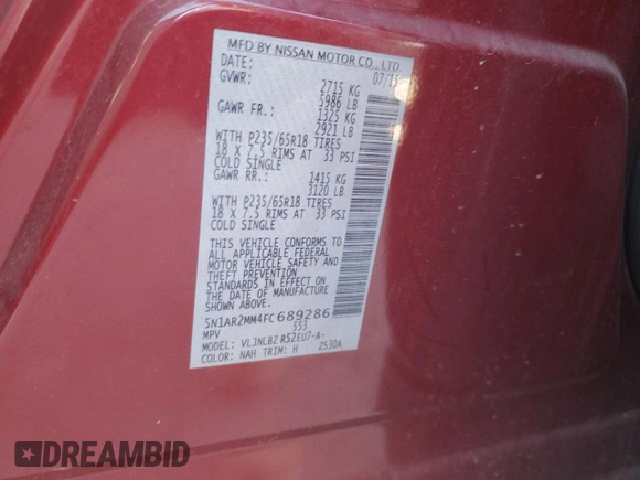2015 Nissan Pathfinder S с VIN 5N1AR2MM4FC689286, выставлен на аукционе Copart как лот 57658074 с пробегом 90 363 миль миль и Списание • Salvage title. История ставок и продаж доступна на DreamBid. Изображение 13.