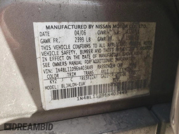 2006 Nissan Altima 3.5 SE with VIN 1N4BL11D96N403449, listed as a Copart auction lot 85690394 with 277,049 mi miles and Salvage Title. Bid and sale history available at carsss.com. Image 15.
