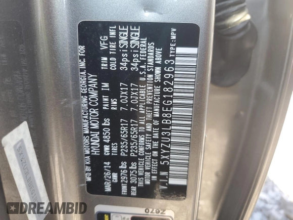 2014 Hyundai Santa Fe Sport with VIN 5XYZU3LB8EG182963, listed as a Copart auction lot 46227995 with 113,984 mi miles and Salvage Title. Bid and sale history available at carsss.com. Image 13.