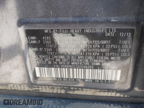 2013 Subaru Outback Premium with VIN 4S4BRBCC5D3266260, listed as a IAAI auction lot 42538507 with 258,843 mi miles and . Bid and sale history available at DreamBid. Image 9.
