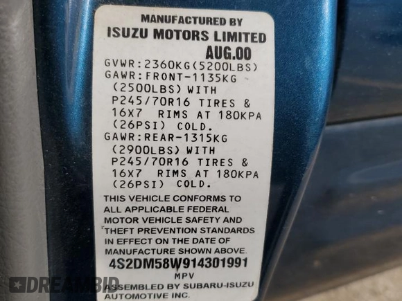 2001 Isuzu Rodeo S with VIN 4S2DM58W914301991, listed as a Copart auction lot 76518844 with 165,789 mi miles and Salvage Title. Bid and sale history available at DreamBid. Image 13.