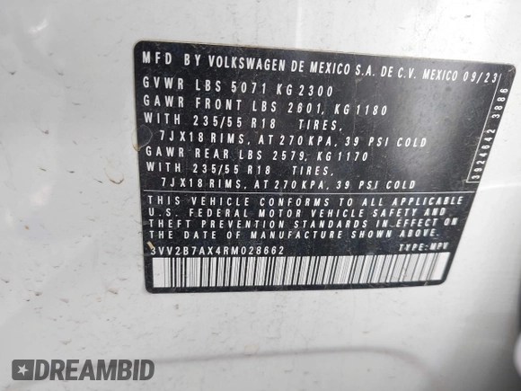 2024 Volkswagen Tiguan SE с VIN 3VV2B7AX4RM028662, выставлен на аукционе IAAI как лот 42279039 с пробегом Не указан миль и . История ставок и продаж доступна на DreamBid. Изображение 9.