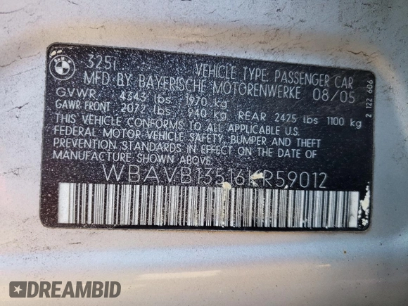 2006 BMW 3 Series 325i with VIN WBAVB13516KR59012, listed as a Copart auction lot 53261015 with 0 mi miles and Salvage Title. Bid and sale history available at carsss.com. Image 12.