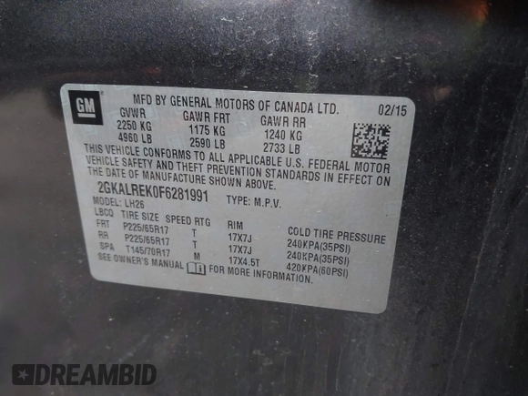 2015 GMC Terrain SLE with VIN 2GKALREK0F6281991, listed as a IAAI auction lot 42163516 with 129,055 mi miles and . Bid and sale history available at carsss.com. Image 9.