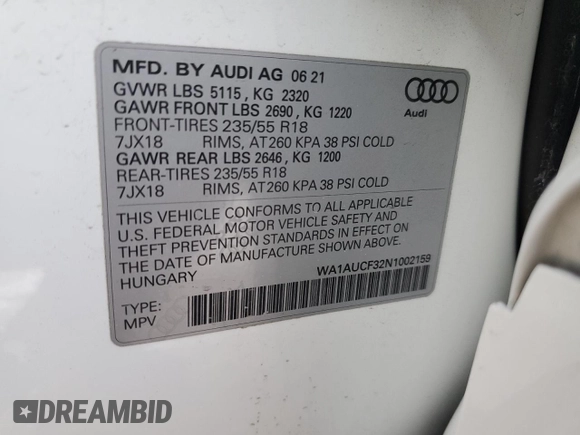 2022 Audi Q3 Premium with VIN WA1AUCF32N1002159, listed as a Copart auction lot 86177364 with 29,458 mi miles and Salvage Title. Bid and sale history available at carsss.com. Image 13.