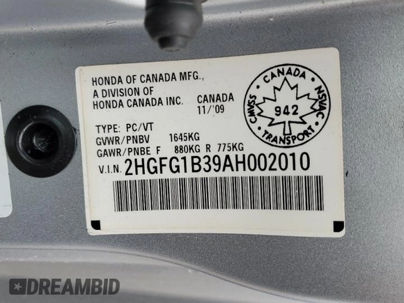 2010 Honda Civic с VIN 2HGFG1B39AH002010, выставлен на аукционе Copart как лот 52688435 с пробегом 47 125 миль миль и Чистый • Clean title. История ставок и продаж доступна на DreamBid. Изображение 12.