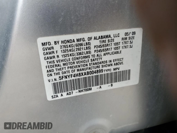 2010 Honda Pilot Touring with VIN 5FNYF4H8XAB004899, listed as a Copart auction lot 49596535 with 210,267 mi miles and Clean Title. Bid and sale history available at DreamBid. Image 13.